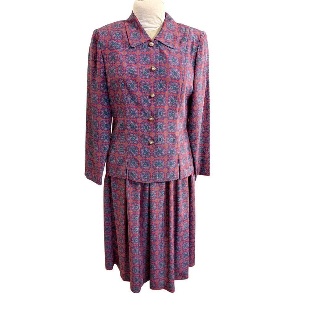 Leslie Fay Vintage Skirt Set 2Pieces Sz. 10 Petite Geometric Print Professional